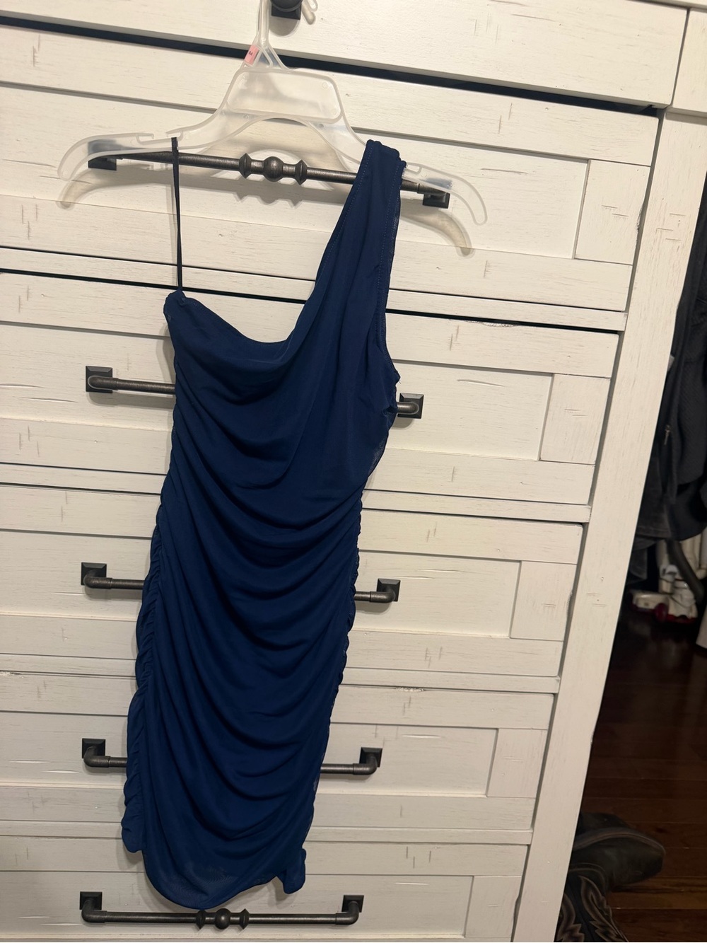 Amazon One-Shoulder Navy Ruched Mini Dress